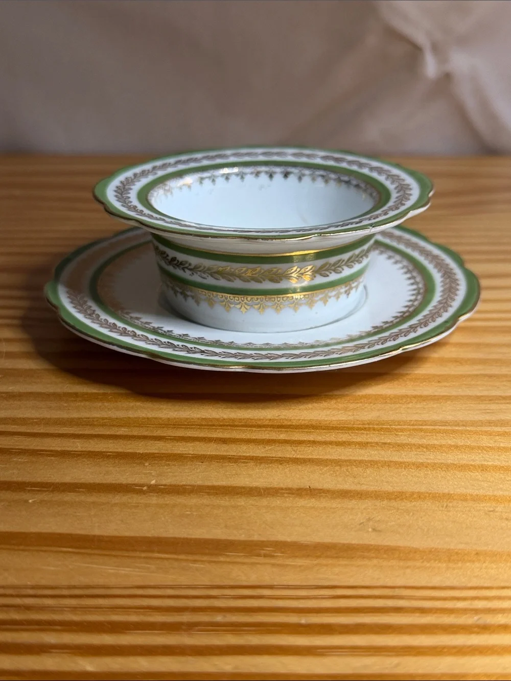 Antique Imperial China Austria Green Gold Ramekin & Underplate Set c.1900